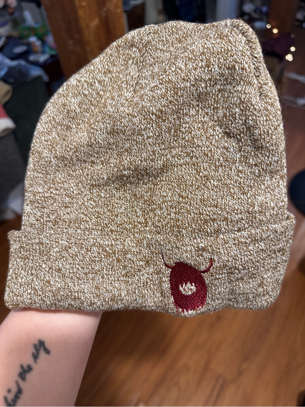 Heathered Tan Knit Beanie with Red Highland Cow Embroidery